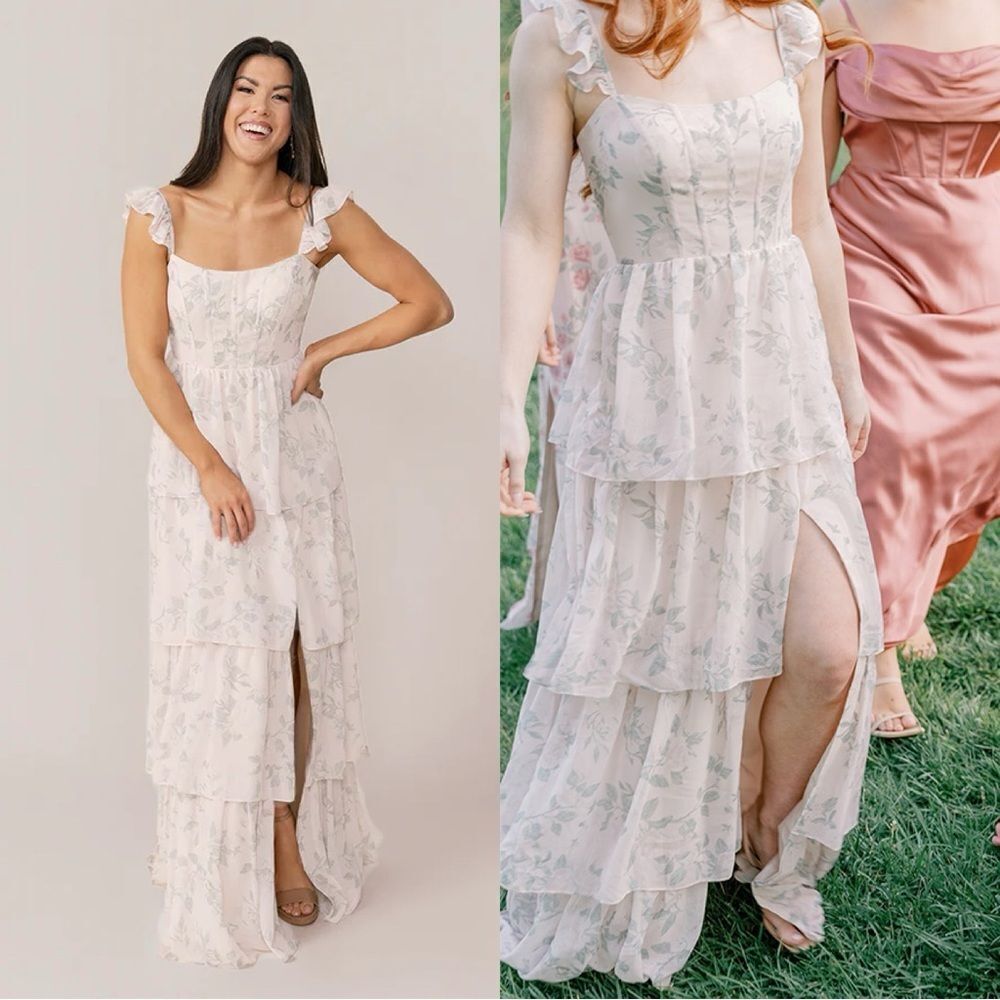 REVELRY Poppy Chiffon Floral Print Dress Champagne Bouquet